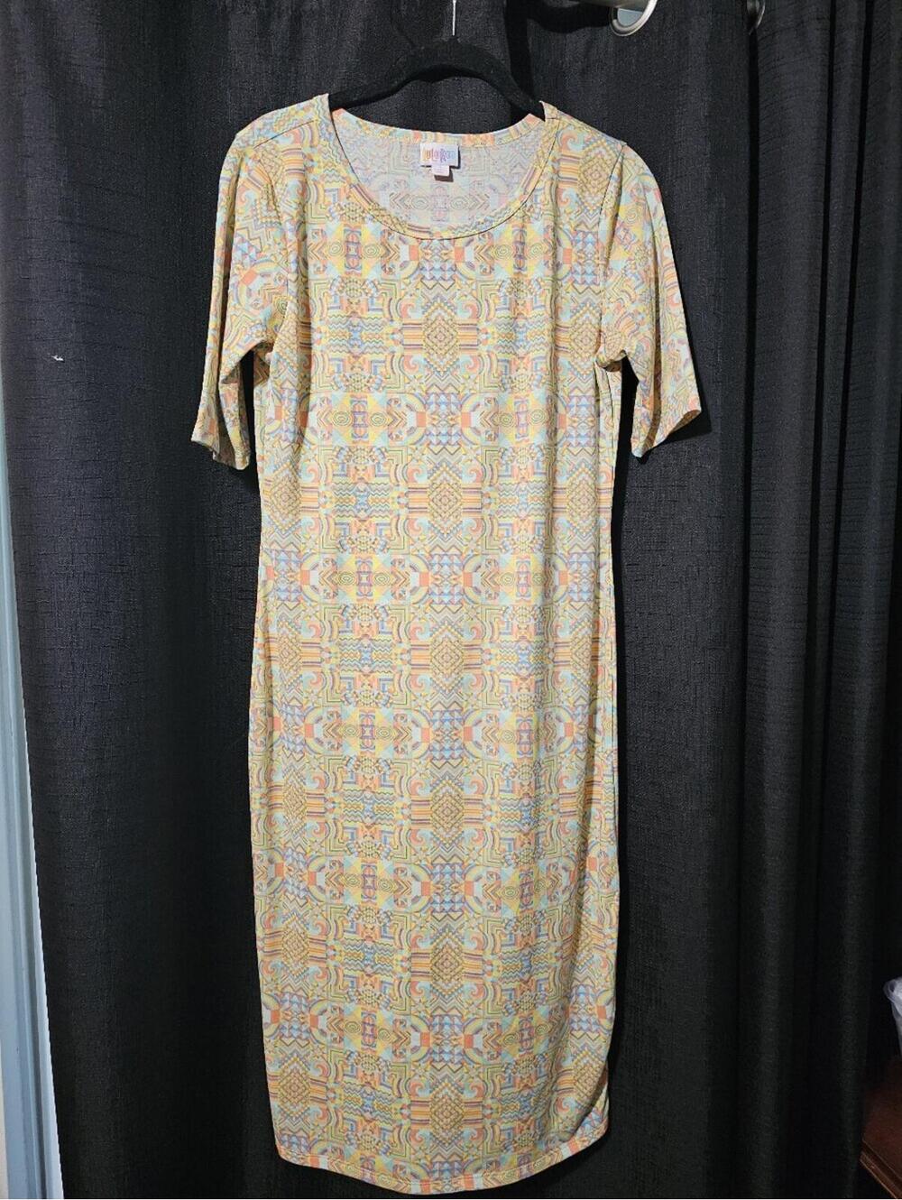 LuLaRoe Yellow Multi-Patterned Short Sleeve Midi Dress